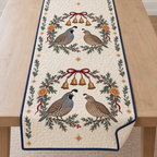 One ivory quilted table runner with two printed California quail pairs beneath juniper holly orange bell arches, navy binding and cream reverse corner