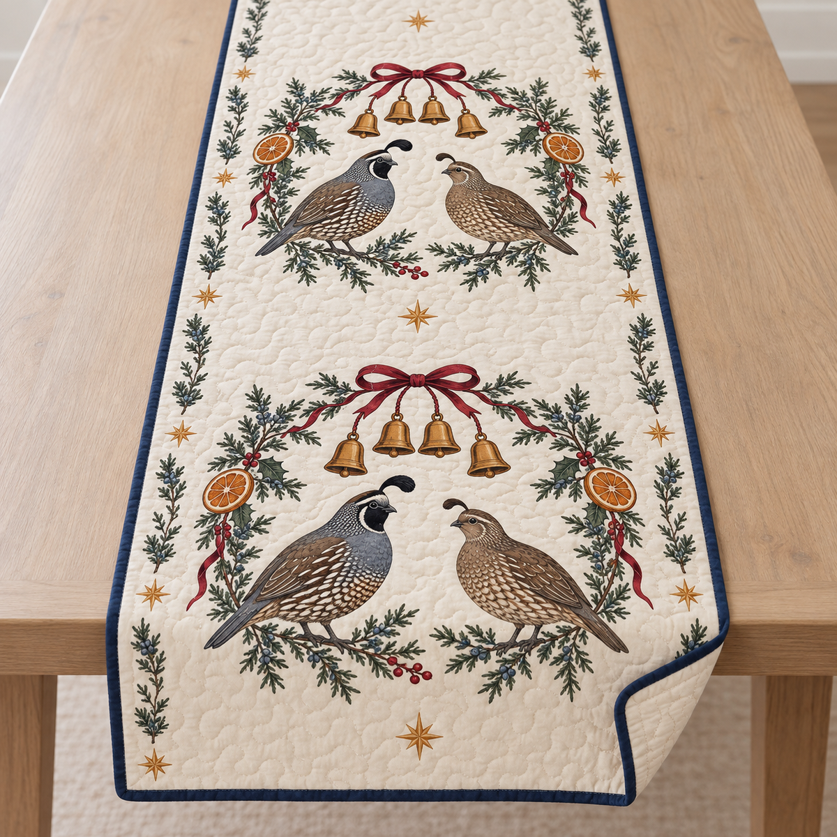 One ivory quilted table runner with two printed California quail pairs beneath juniper holly orange bell arches, navy binding and cream reverse corner