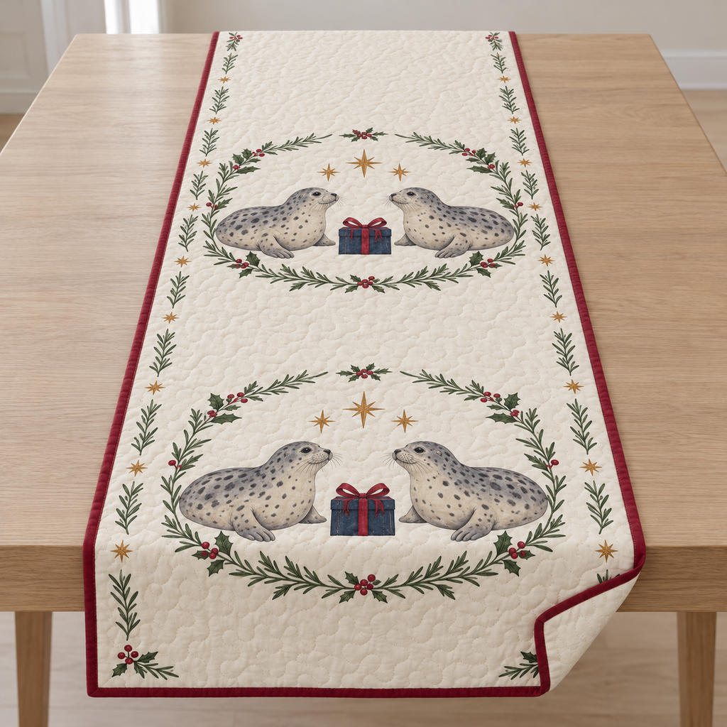 One ivory quilted table runner with four printed spotted harbor seals, holly rosemary ovals, two navy gifts and ochre stars, cranberry binding and cream reverse corner