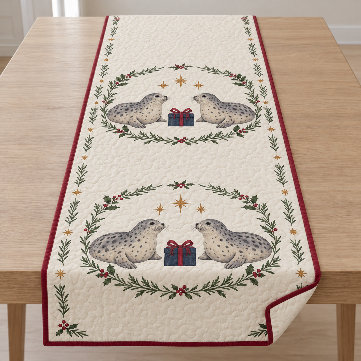 One ivory quilted table runner with four printed spotted harbor seals, holly rosemary ovals, two navy gifts and ochre stars, cranberry binding and cream reverse corner