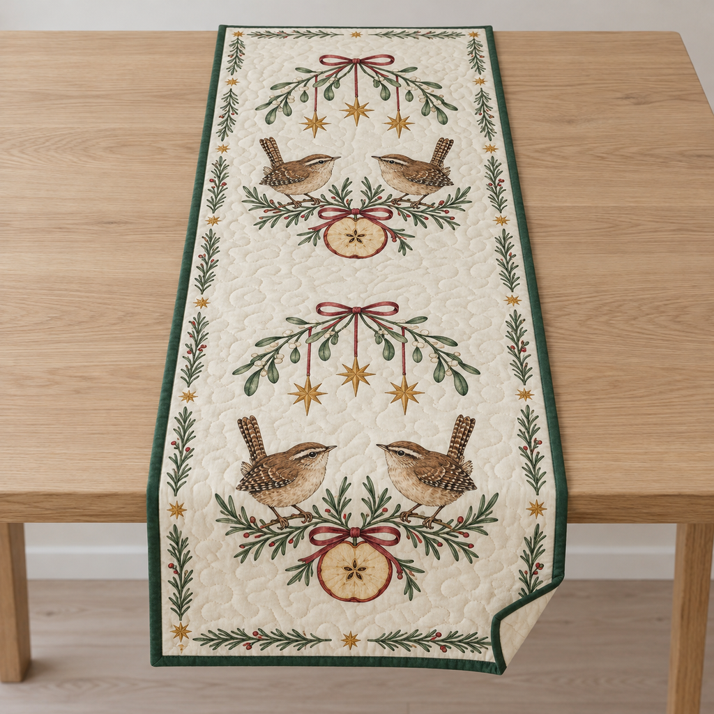 One ivory quilted table runner with four printed wrens, mistletoe arches, six hanging ochre stars and two dried apple slices, forest green binding and cream reverse corner