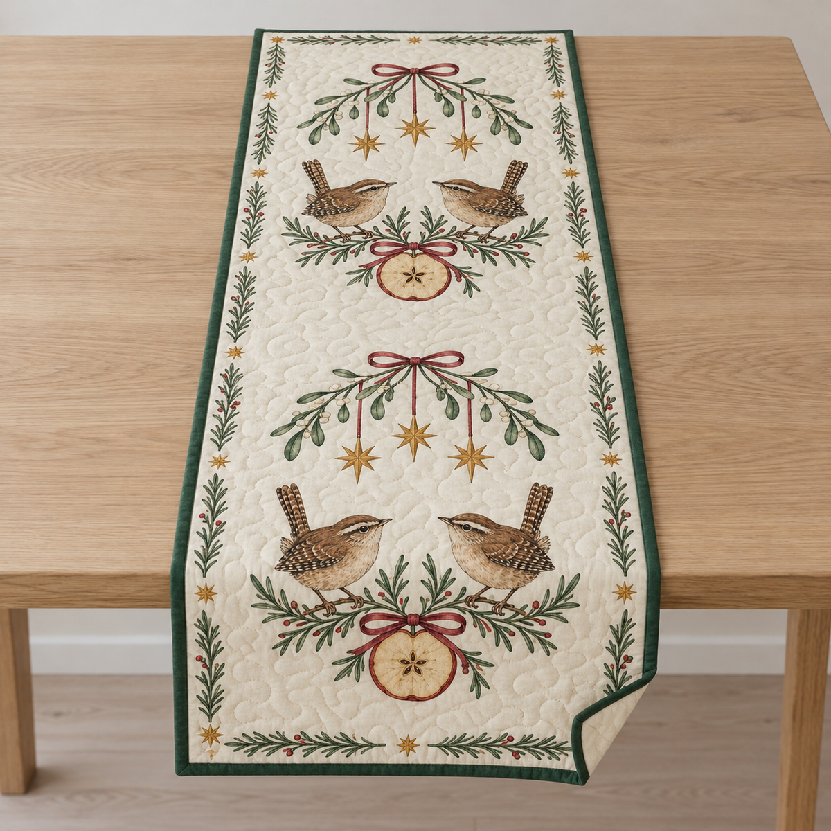One ivory quilted table runner with four printed wrens, mistletoe arches, six hanging ochre stars and two dried apple slices, forest green binding and cream reverse corner