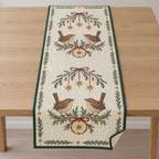 One ivory quilted table runner with four printed wrens, mistletoe arches, six hanging ochre stars and two dried apple slices, forest green binding and cream reverse corner