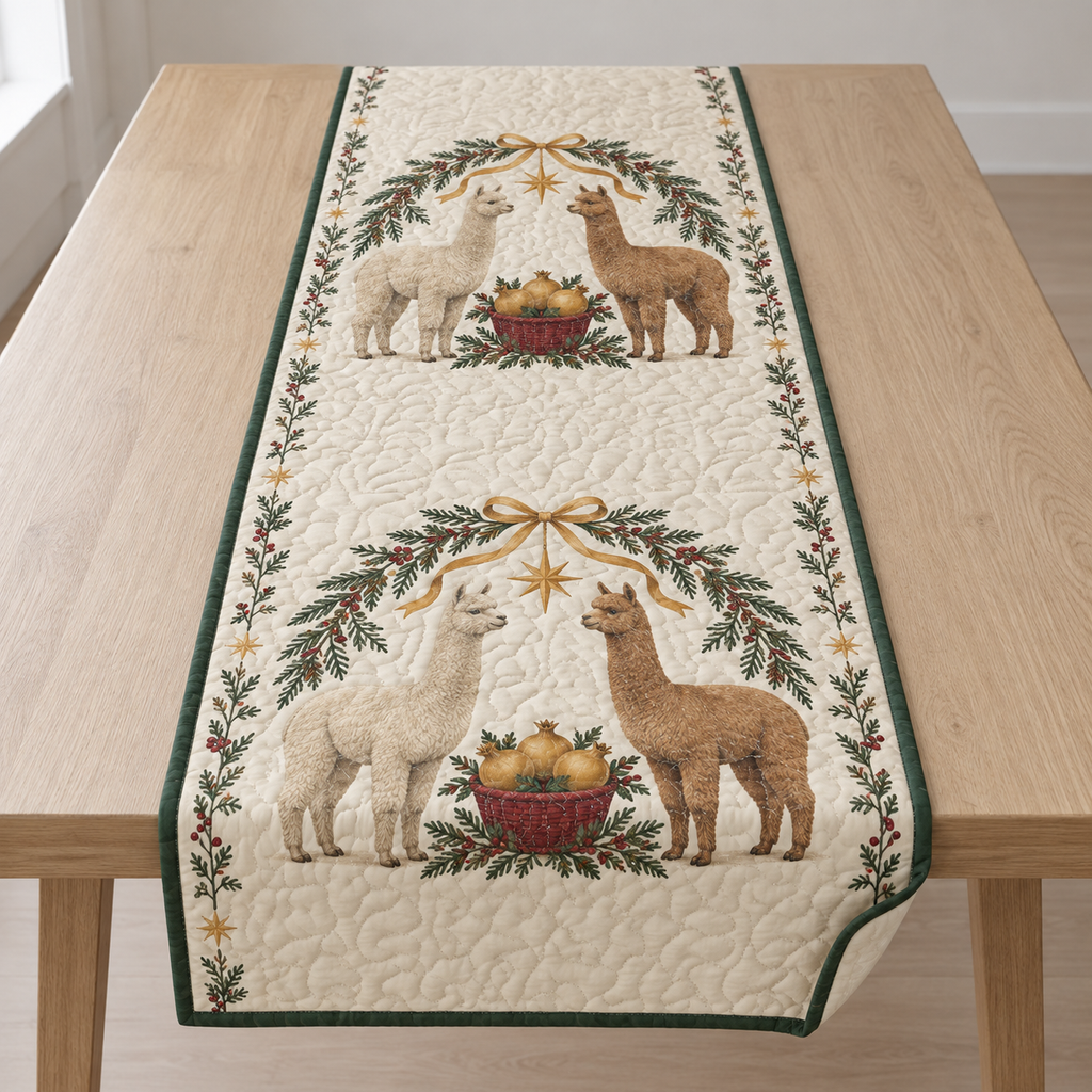 One ivory quilted table runner with four printed cream and brown alpacas, cedar holly arches and two cranberry pomegranate baskets, forest green binding and cream reverse corner
