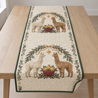 One ivory quilted table runner with four printed cream and brown alpacas, cedar holly arches and two cranberry pomegranate baskets, forest green binding and cream reverse corner