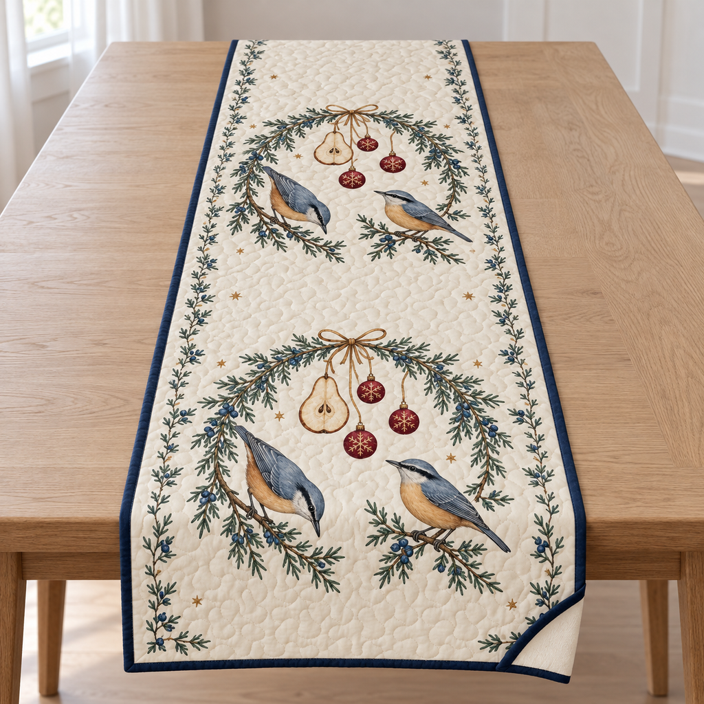 One ivory quilted table runner with four printed nuthatches, juniper pear arches and cranberry snowflake baubles, navy binding and cream reverse corner