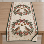 One ivory quilted table runner with four printed redwing thrushes, fir rowan berry arches and ochre bells, forest green binding and cream reverse corner