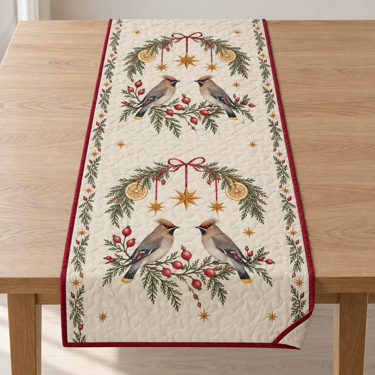 One ivory quilted table runner with four printed waxwings, cedar dried lemon arches and ochre stars, cranberry binding and cream reverse corner