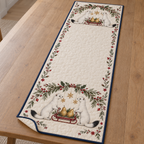 One ivory quilted table runner with four white stoats, pear sleds, cedar holly rosehip arches and ochre snowflake stars, navy binding cream reverse