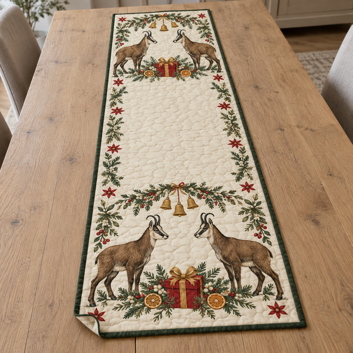 One ivory quilted table runner with four Alpine chamois, cranberry gifts, orange slices, juniper mistletoe arches and ochre bells, forest green binding cream reverse