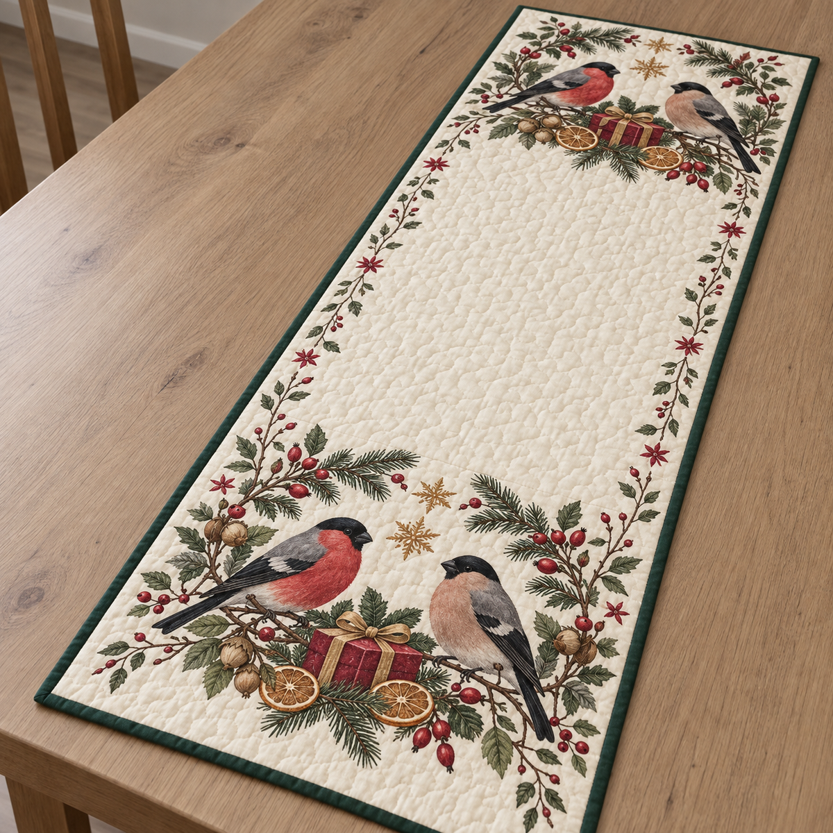 One ivory quilted table runner with four Eurasian bullfinches, cranberry gifts, orange slices fir rosehip arches and ochre snowflake stars, green binding