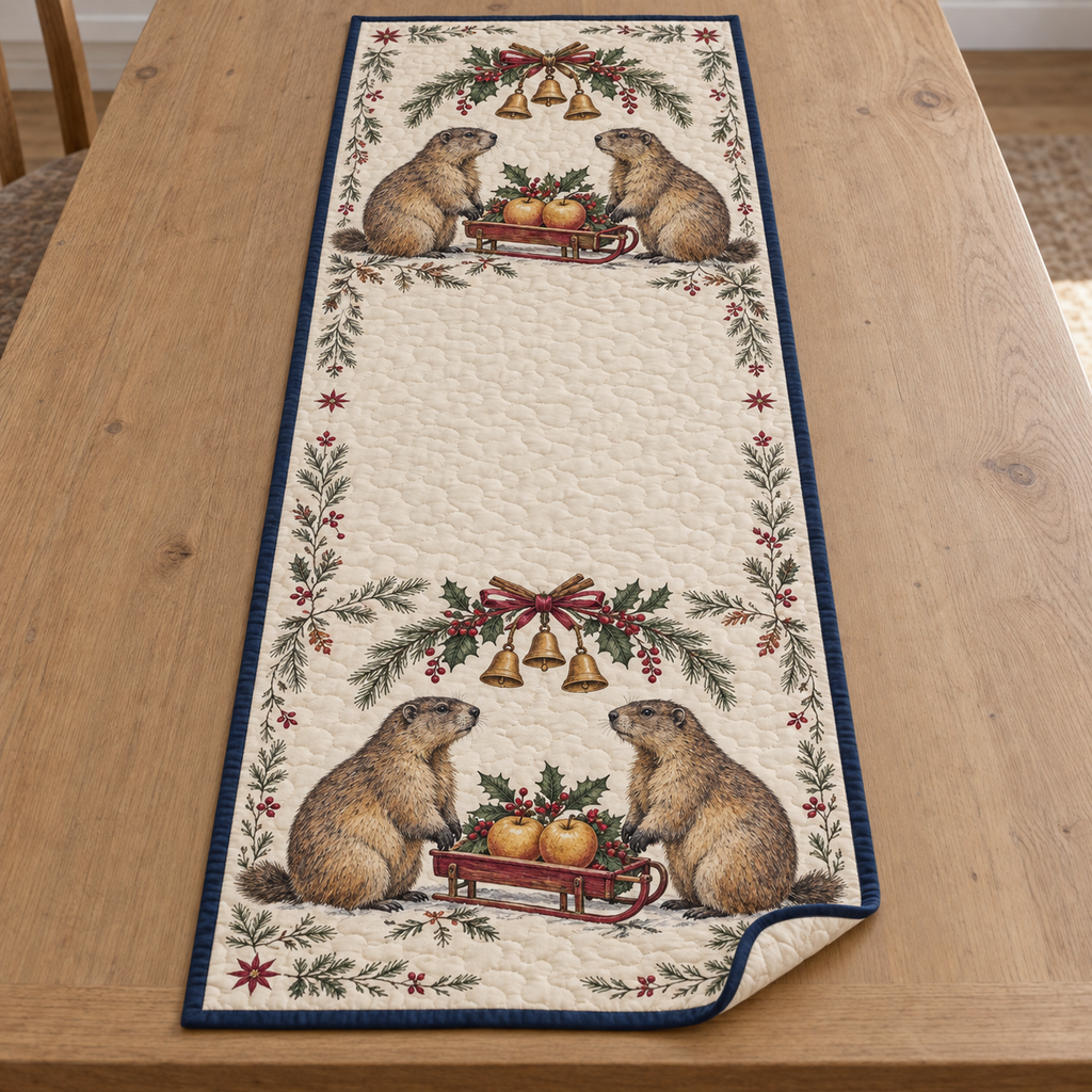 One ivory quilted table runner with four Alpine marmots, apple sleds, fir holly cinnamon arches and ochre bells, navy binding