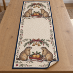 One ivory quilted table runner with four Alpine marmots, apple sleds, fir holly cinnamon arches and ochre bells, navy binding