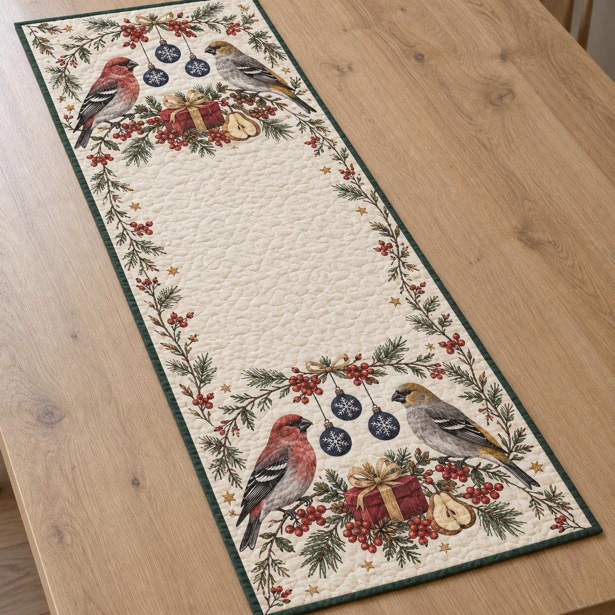 One ivory quilted table runner with four pine grosbeaks, cranberry gifts, pear slices pine rowan arches and navy snowflake baubles, green binding