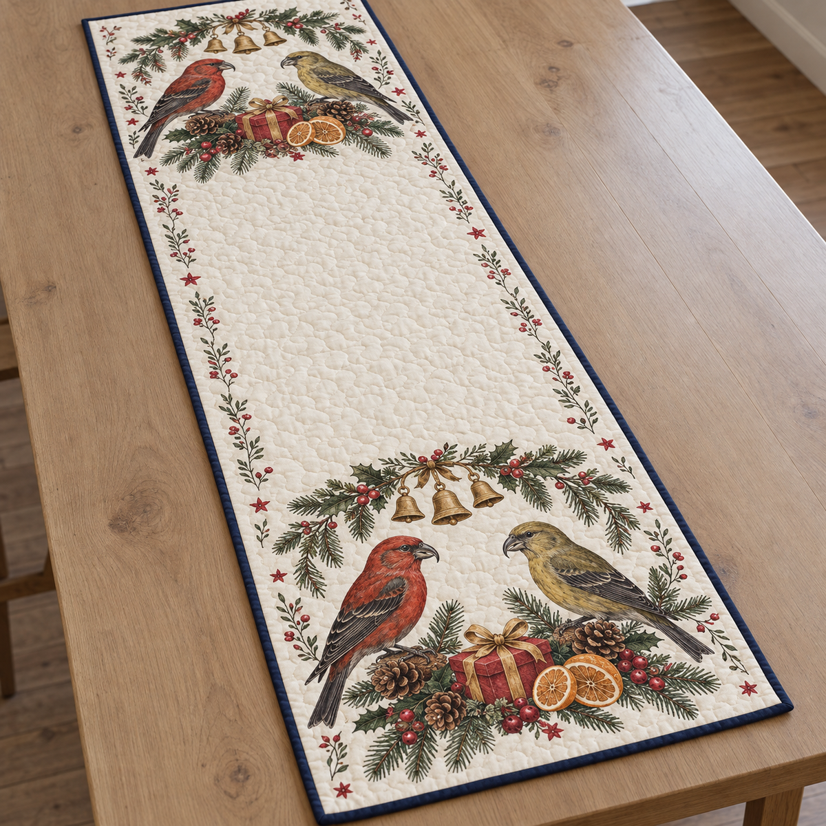One ivory quilted table runner with four red crossbills, cranberry gifts, orange slices spruce holly arches and ochre bells, navy binding