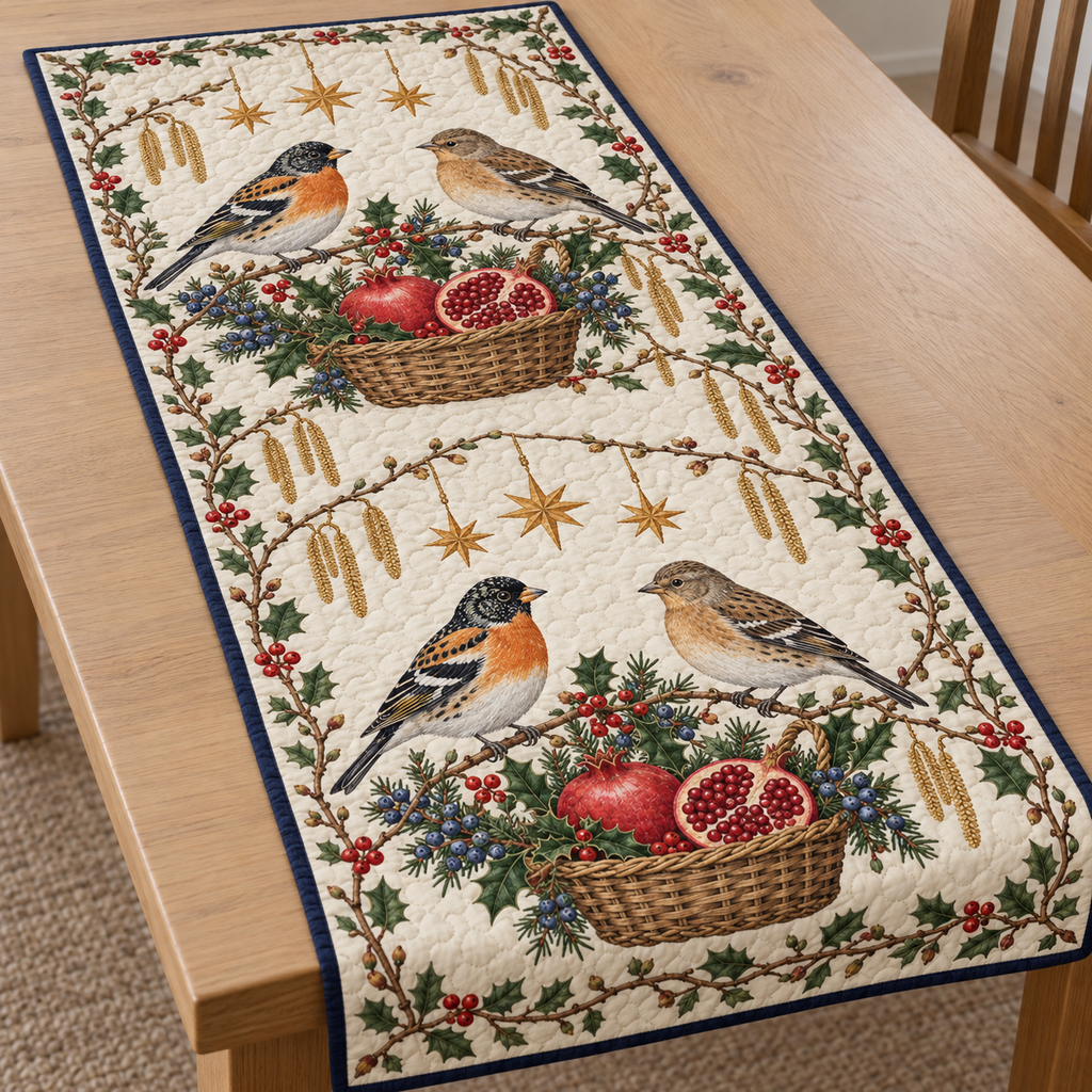 One ivory quilted table runner with four bramblings two pomegranate baskets hazel juniper holly ochre stars navy binding and visible sewn meandering quilting
