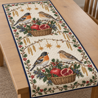 One ivory quilted table runner with four bramblings two pomegranate baskets hazel juniper holly ochre stars navy binding and visible sewn meandering quilting