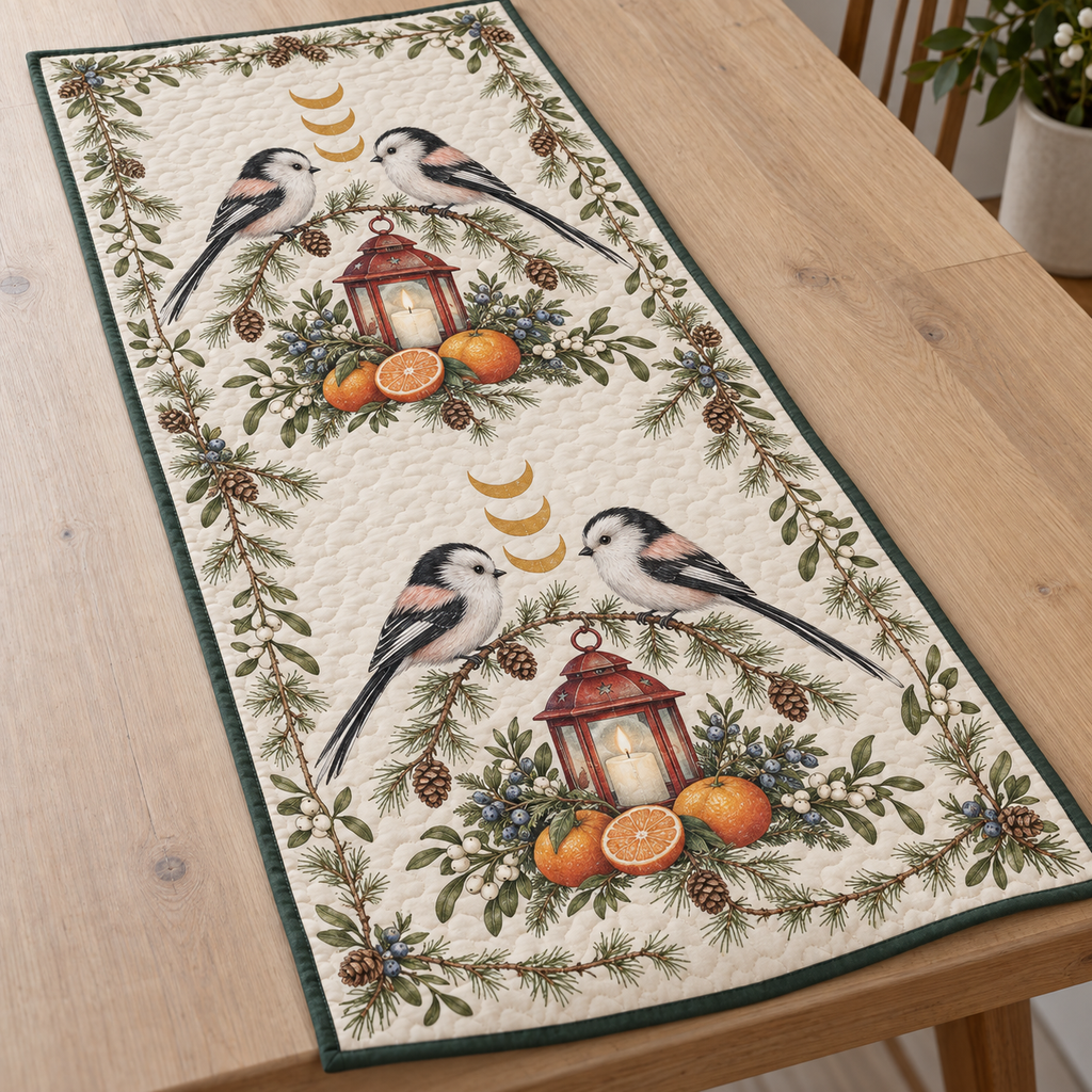 One ivory quilted table runner with four long-tailed tits two tangerine lantern compositions larch juniper mistletoe ochre crescent moons forest green binding and sewn meandering quilting