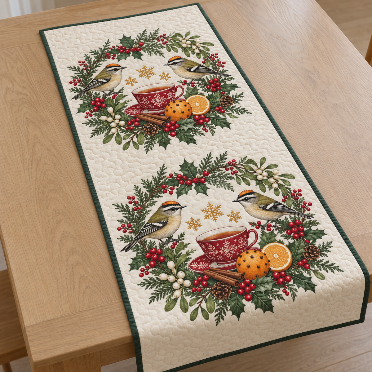 One ivory quilted table runner with four firecrests two cedar tea wreaths cranberry cups clove oranges cinnamon holly mistletoe ochre snowflakes green binding and sewn meandering quilting