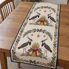 One ivory quilted table runner with four northern lapwings wheat bundles golden pears cedar holly ochre stars navy binding and sewn meandering quilting