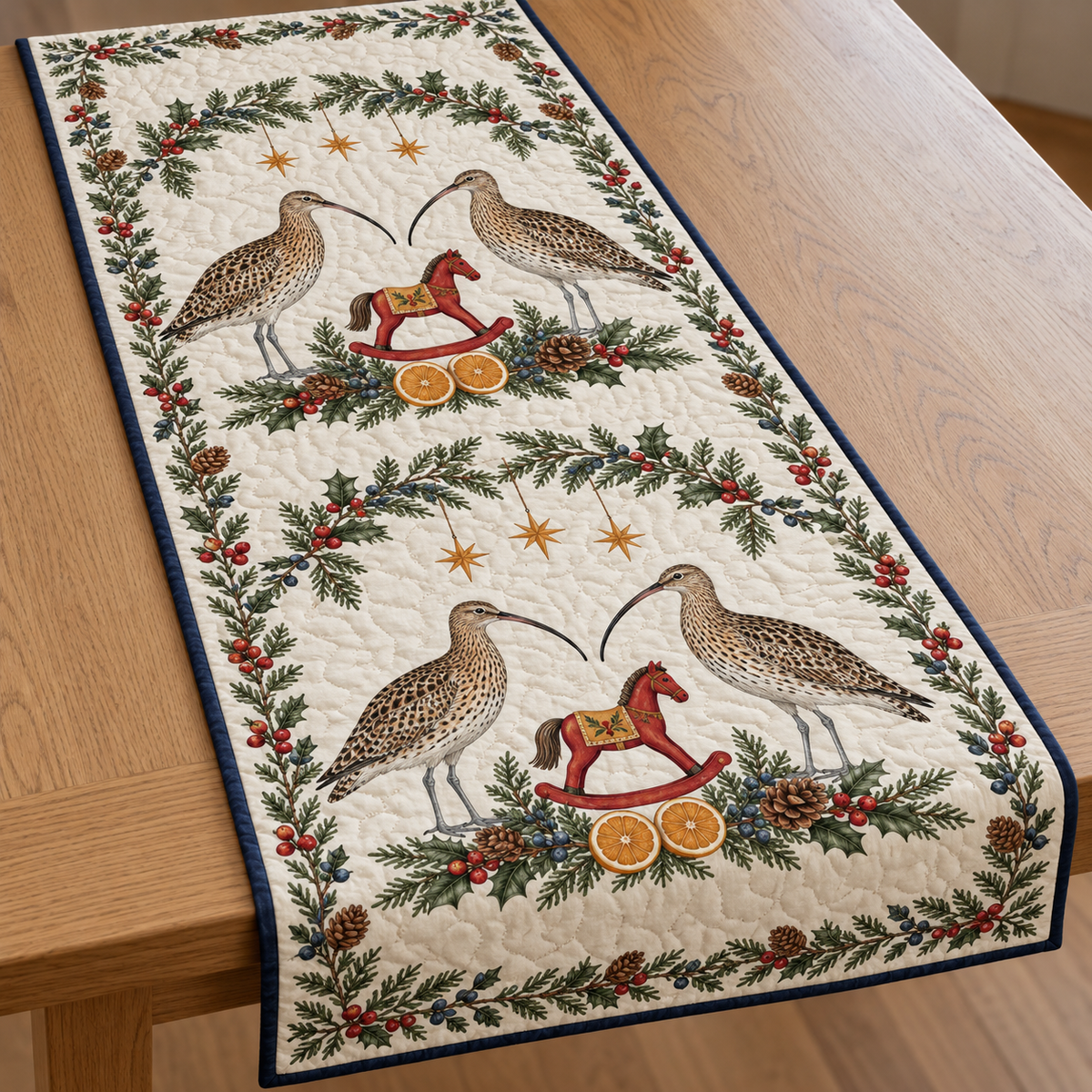 One ivory quilted table runner with four Eurasian curlews cranberry rocking horses orange slices cedar juniper holly ochre stars navy binding sewn meandering quilting