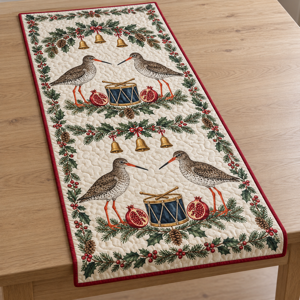 One ivory quilted table runner with four common redshanks navy toy drums pomegranate halves spruce bay holly ochre bells cranberry binding sewn meandering quilting