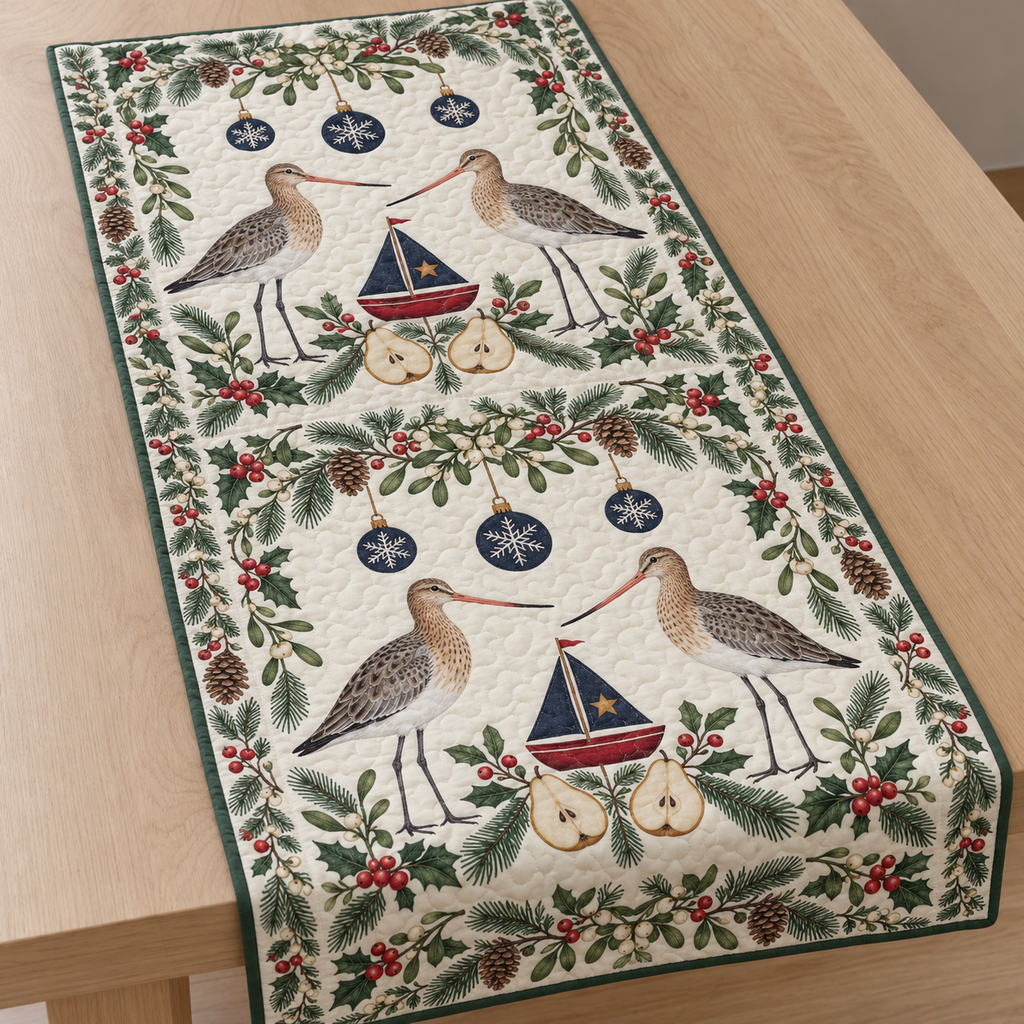 One ivory quilted table runner with four black-tailed godwits cranberry toy sailboats navy sails pear halves fir mistletoe holly snowflake baubles green binding sewn quilting