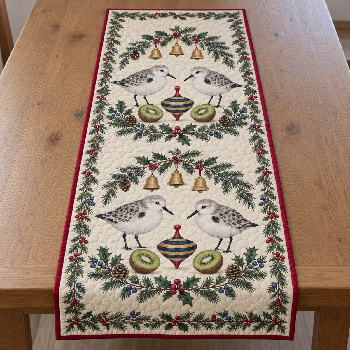 One ivory quilted table runner with four sanderlings navy toy spinning tops kiwi halves fir juniper holly ochre bells cranberry binding sewn quilting