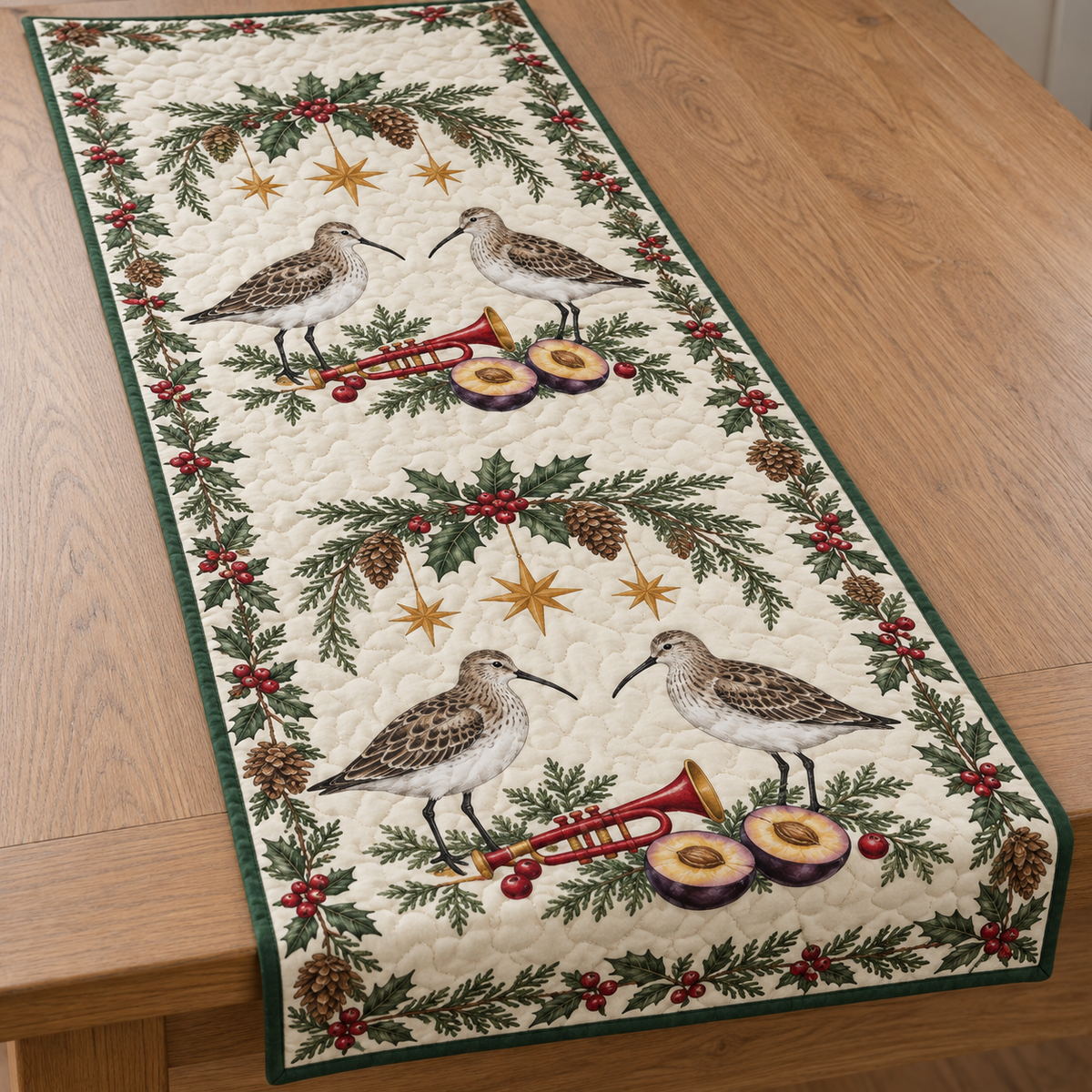 One ivory quilted table runner with four winter dunlins cranberry toy trumpets plum halves cedar bay holly ochre stars green binding sewn quilting