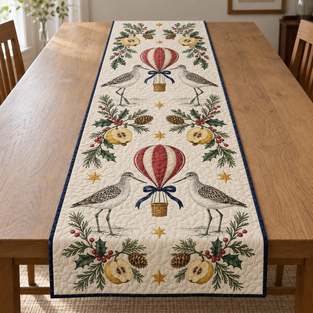 Four illustrated greenshanks frame two cranberry toy hot-air balloons with quince halves, cedar cones, rosemary, holly and ochre stars on ivory with navy binding. Flat printed Christmas artwork. Includes one table runner. Quilted cotton hero shows sewn quilting and fabric drape.