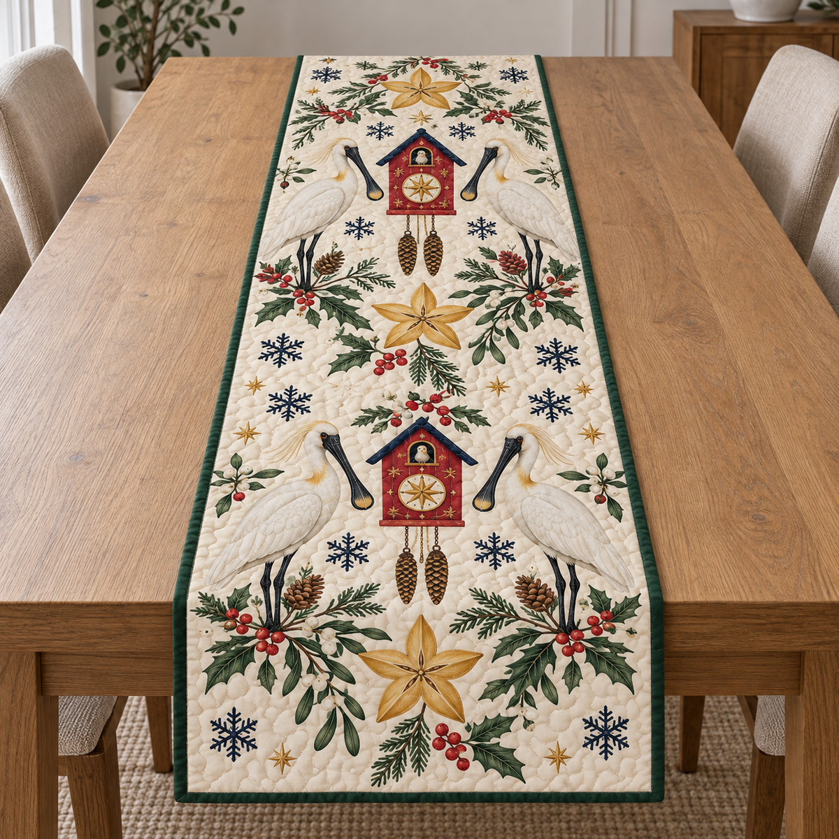 Four illustrated Eurasian spoonbills frame two cranberry toy cuckoo clocks with navy roofs, starfruit slices, cedar cones, holly, mistletoe and navy snowflakes on ivory with forest green binding. Flat printed Christmas artwork. Includes one table runner. Quilted cotton hero with visible sewn quilting and fabric drape.