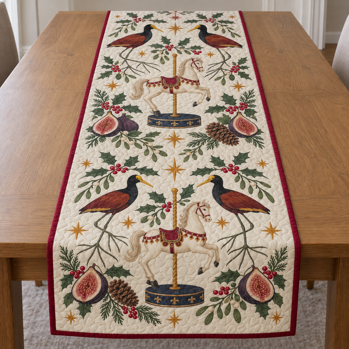 Four illustrated northern jacanas frame two cream toy carousel horses with cranberry saddles on navy pedestals, with fig halves, cedar cones, holly, mistletoe and ochre stars on ivory with cranberry binding. Flat printed Christmas artwork. Includes one table runner. Quilted cotton hero with visible sewn quilting and fabric drape.