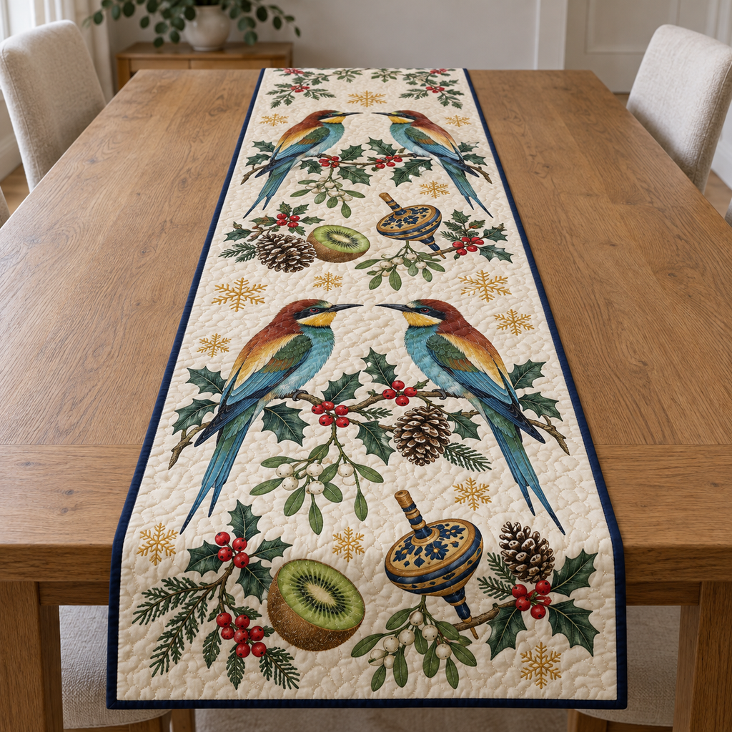 Four illustrated European bee-eaters frame two ochre and navy toy spinning tops, with kiwi halves, cedar cones, holly, mistletoe and ochre snowflakes on ivory with navy binding. Flat printed Christmas artwork. Includes one table runner. Quilted cotton hero with visible sewn quilting and fabric drape.