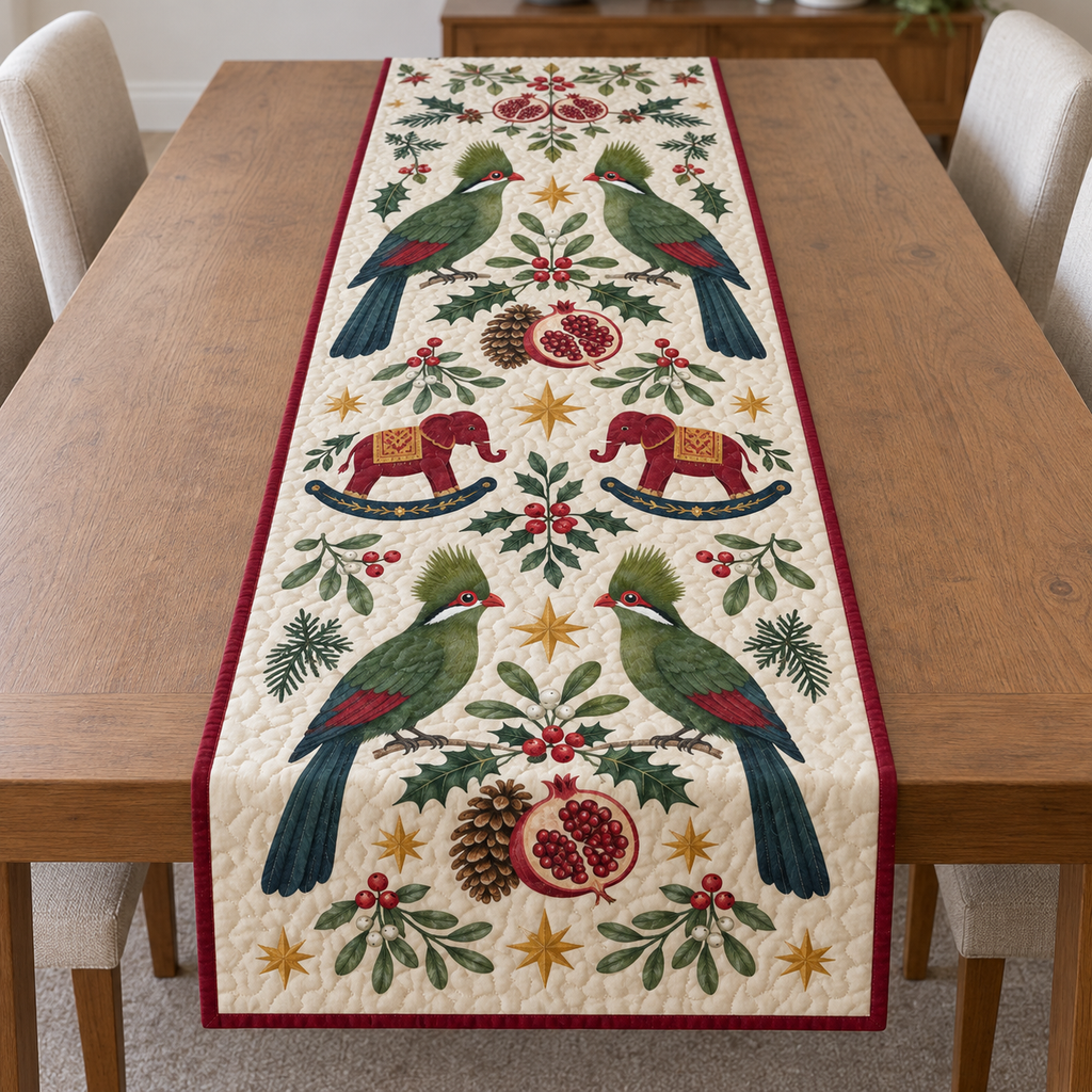 Four illustrated green turacos frame two cranberry toy rocking elephants with navy rockers and ochre saddles, with pomegranate halves, cedar cones, holly, mistletoe and ochre stars on ivory with cranberry binding. Flat printed Christmas artwork. Includes one table runner. Quilted cotton hero with visible sewn quilting and fabric drape.