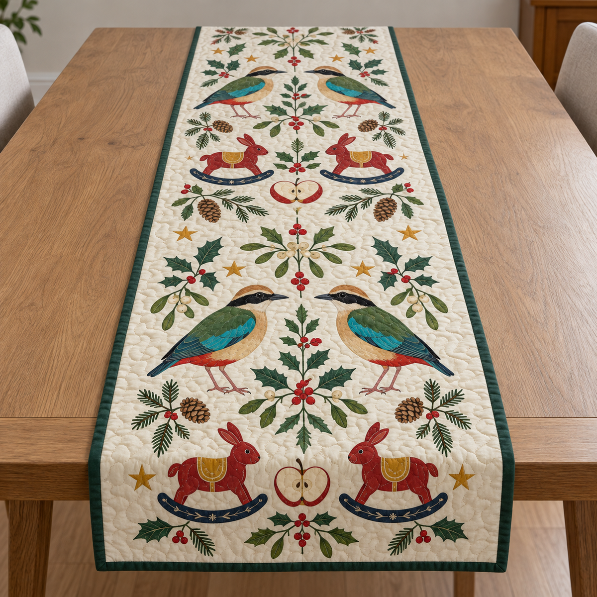 Four illustrated Indian pittas frame four cranberry toy rocking rabbits with navy rockers and ochre saddles, with apple halves, cedar cones, holly, mistletoe and ochre stars on ivory with forest green binding. Flat printed Christmas artwork. Includes one table runner. Quilted cotton hero with visible sewn quilting and fabric drape.