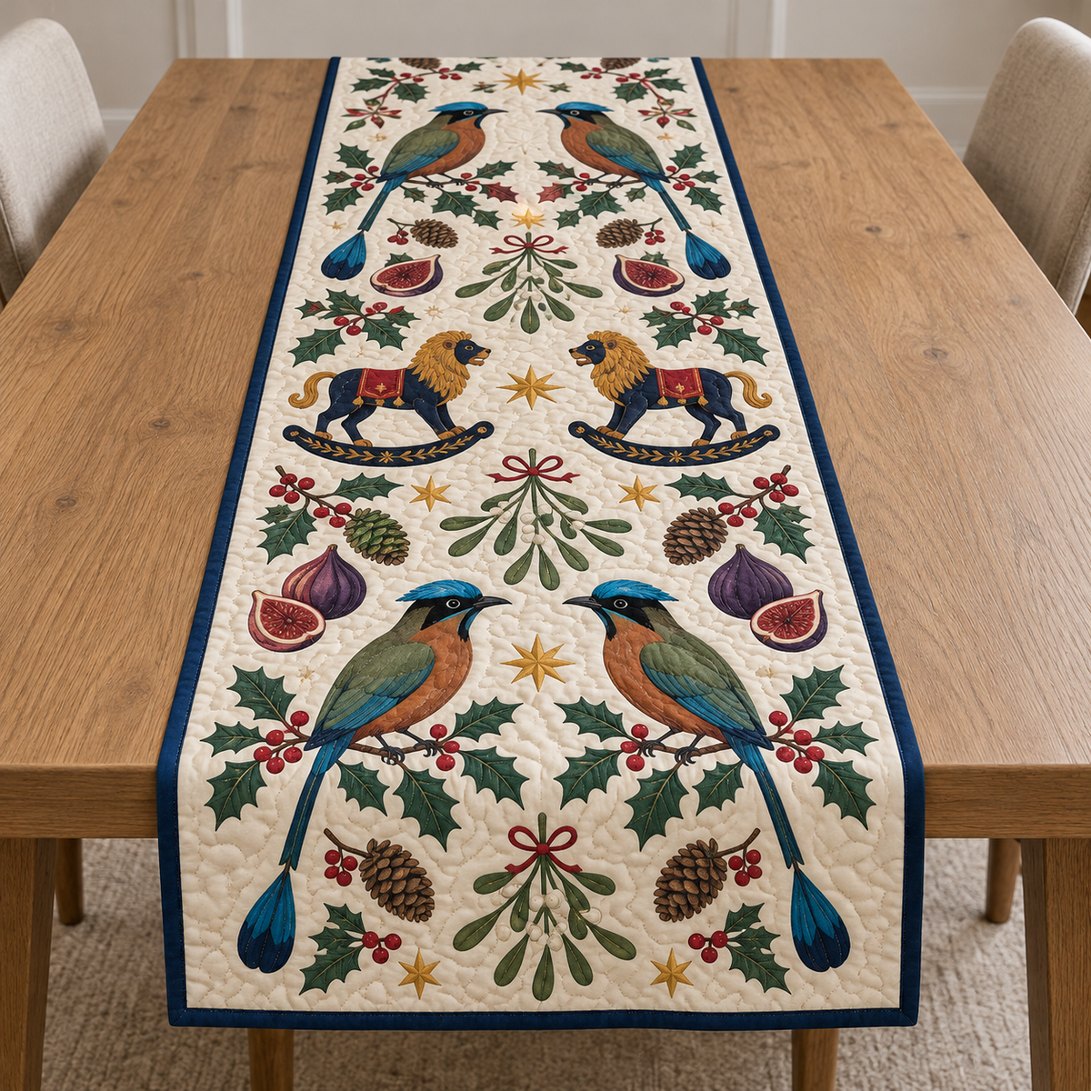 Four illustrated blue-crowned motmots frame two navy toy rocking lions with ochre manes and cranberry saddles, with fig halves, cedar cones, holly, mistletoe and ochre stars on ivory with navy binding. Flat printed Christmas artwork. Includes one table runner. Quilted cotton hero with visible sewn quilting and fabric drape.