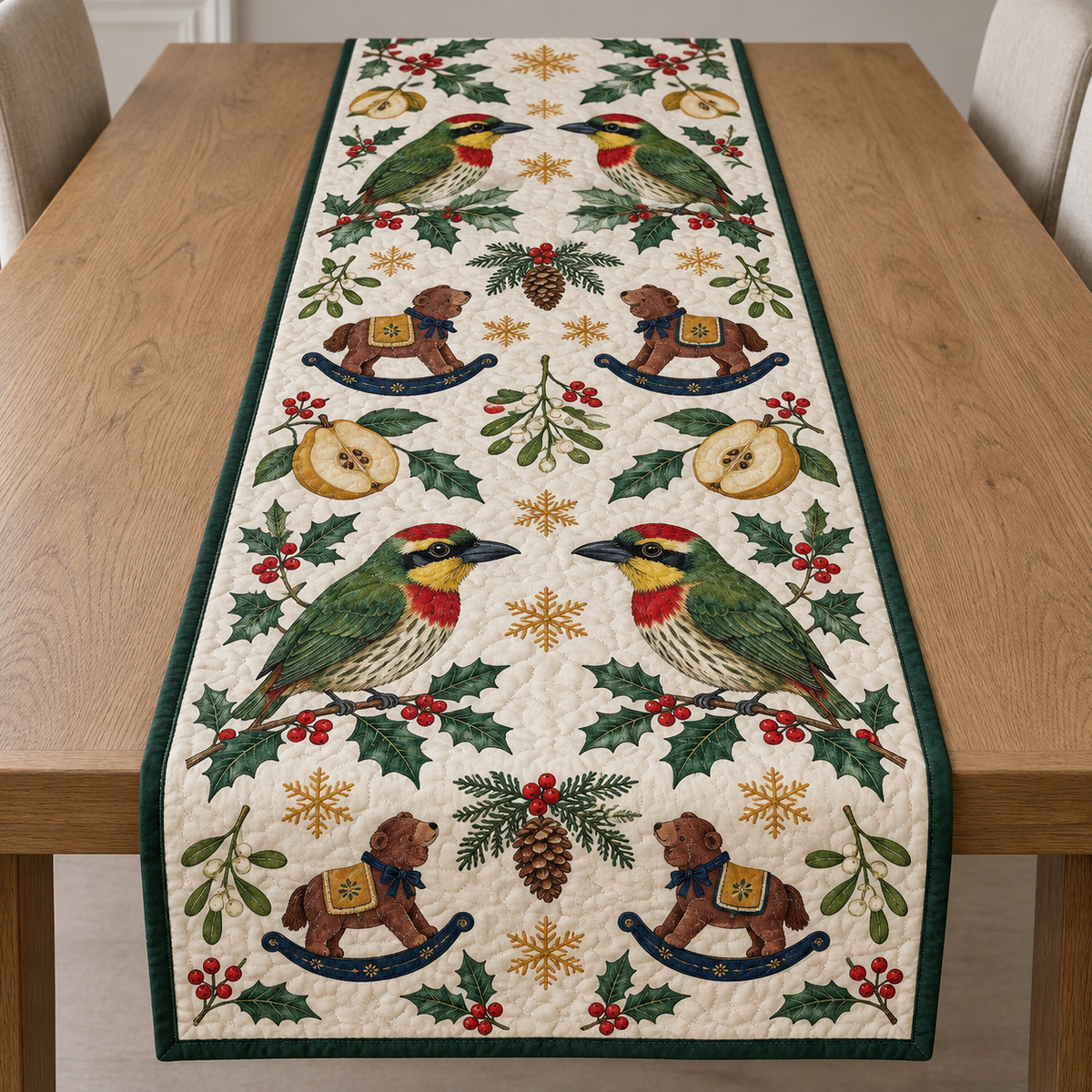 Four illustrated coppersmith barbets frame four brown toy rocking dogs with navy rockers and ochre saddles, with quince halves, cedar cones, holly, mistletoe and ochre snowflakes on ivory with forest green binding. Flat printed Christmas artwork. Includes one table runner. Quilted cotton hero with visible sewn quilting and fabric drape.