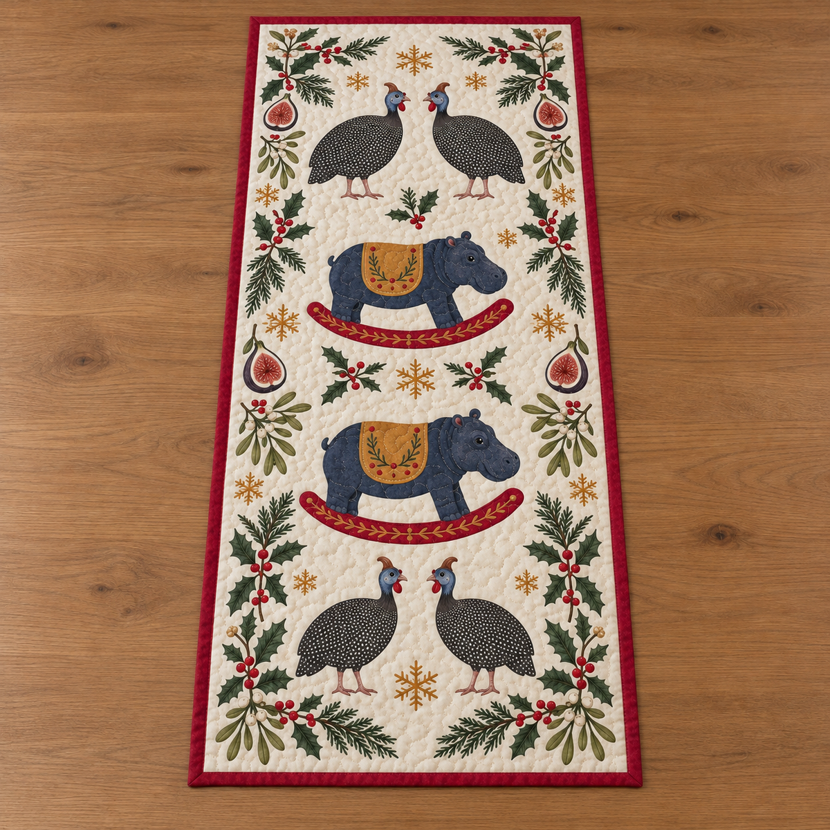 Four illustrated helmeted guineafowl with white-spotted charcoal bodies and blue heads frame two navy toy rocking hippopotamuses with ochre saddles and cranberry rockers, fig halves, cedar, holly, mistletoe and ochre snowflakes on ivory with cranberry binding. Flat printed Christmas artwork. Includes one table runner. Quilted cotton hero with visible sewn quilting and bound fabric edges.