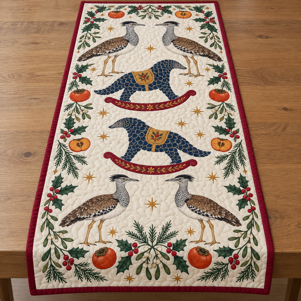 Four illustrated kori bustards with mottled brown backs and speckled gray necks frame two navy toy rocking pangolins with ochre saddles and cranberry rockers, persimmon halves, cedar, holly, mistletoe and ochre stars on ivory with cranberry binding. Flat printed Christmas artwork. Includes one table runner. Quilted cotton hero with visible sewn quilting and bound fabric edges.