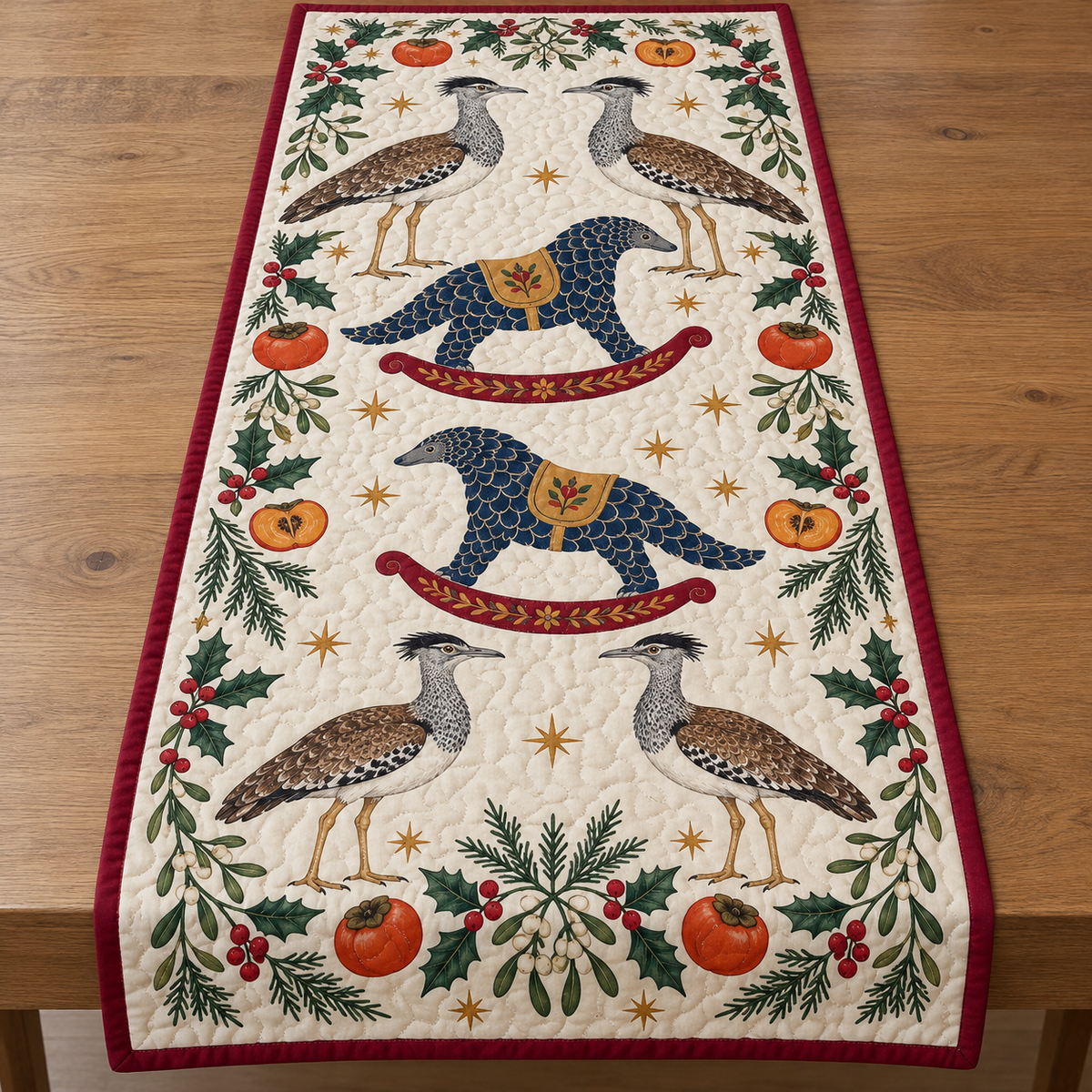Four illustrated kori bustards with mottled brown backs and speckled gray necks frame two navy toy rocking pangolins with ochre saddles and cranberry rockers, persimmon halves, cedar, holly, mistletoe and ochre stars on ivory with cranberry binding. Flat printed Christmas artwork. Includes one table runner. Quilted cotton hero with visible sewn quilting and bound fabric edges.