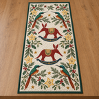 Four illustrated rufous-tailed jacamars with emerald backs and cinnamon bellies frame two cranberry toy rocking aardvarks with ochre saddles and navy rockers, starfruit cross sections, cedar, holly, mistletoe and ochre stars on ivory with green binding. Flat printed Christmas artwork. Includes one table runner. Quilted cotton hero with visible sewn quilting and bound fabric edges.