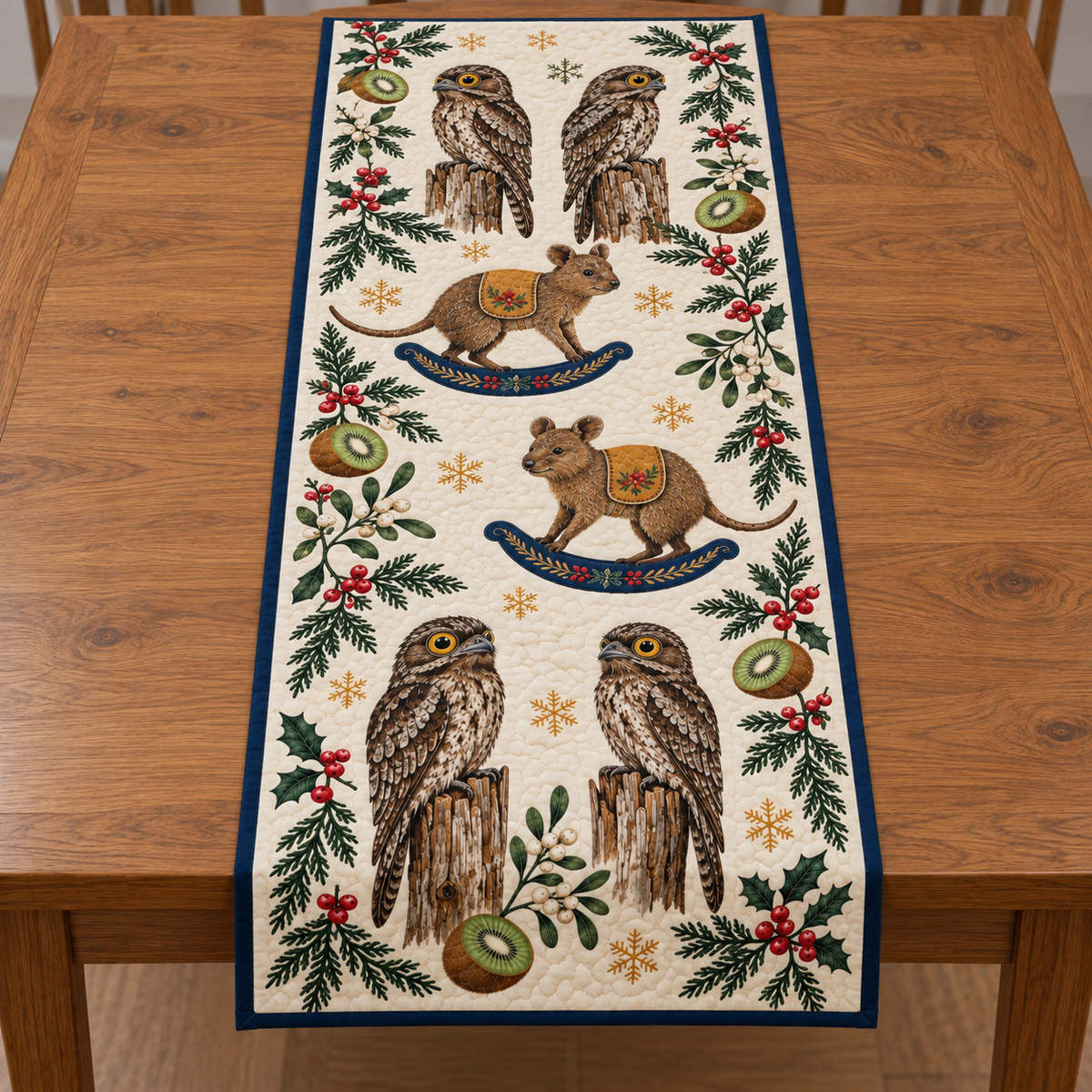 Four illustrated common potoos with mottled gray-brown plumage and large yellow eyes frame two brown toy rocking quokkas with ochre saddles and navy rockers, kiwi halves, cedar, holly, mistletoe and ochre snowflakes on ivory with navy binding. Flat printed Christmas artwork. Includes one table runner. Quilted cotton hero with visible sewn quilting and bound fabric edges.