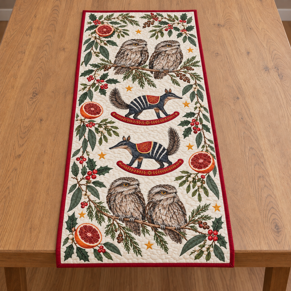 Four illustrated tawny frogmouths with mottled gray-brown plumage and broad bills frame two navy toy rocking numbats with cranberry saddles with ochre botanical detail and cranberry rockers, blood orange halves, cedar, holly, mistletoe and ochre stars on ivory with cranberry binding. Flat printed Christmas artwork. Includes one table runner. Quilted cotton hero with visible sewn quilting and bound fabric edges.