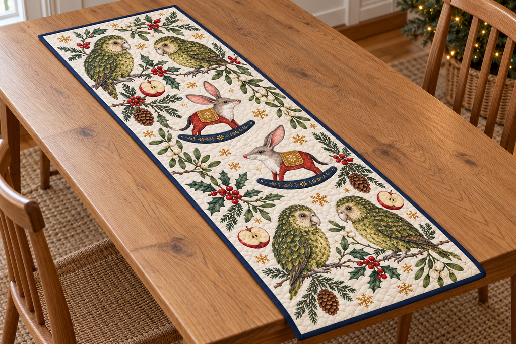 Four illustrated moss-green kakapo parrots with pale facial discs frame two cranberry toy rocking bilbies with long pink-lined ears, pointed snouts, ochre saddles and navy rockers, red apple halves, cedar, holly, mistletoe and ochre snowflakes on ivory with navy binding. Flat printed Christmas artwork. Includes one rectangular table runner. Dense sewn quilting, shallow fill and flat lay on an oak table.