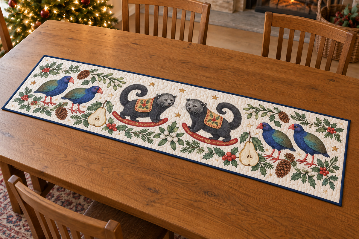 Four illustrated takahe birds with cobalt-purple breasts, green wings, thick coral bills and red legs frame two charcoal toy rocking binturongs with shaggy faces, curled tails, ochre saddles and cranberry rockers, pear halves, cedar, holly, mistletoe and ochre stars on ivory with navy binding. Flat printed Christmas artwork. Includes one rectangular table runner. Dense sewn quilting, shallow fill and flat lay on an oak table.