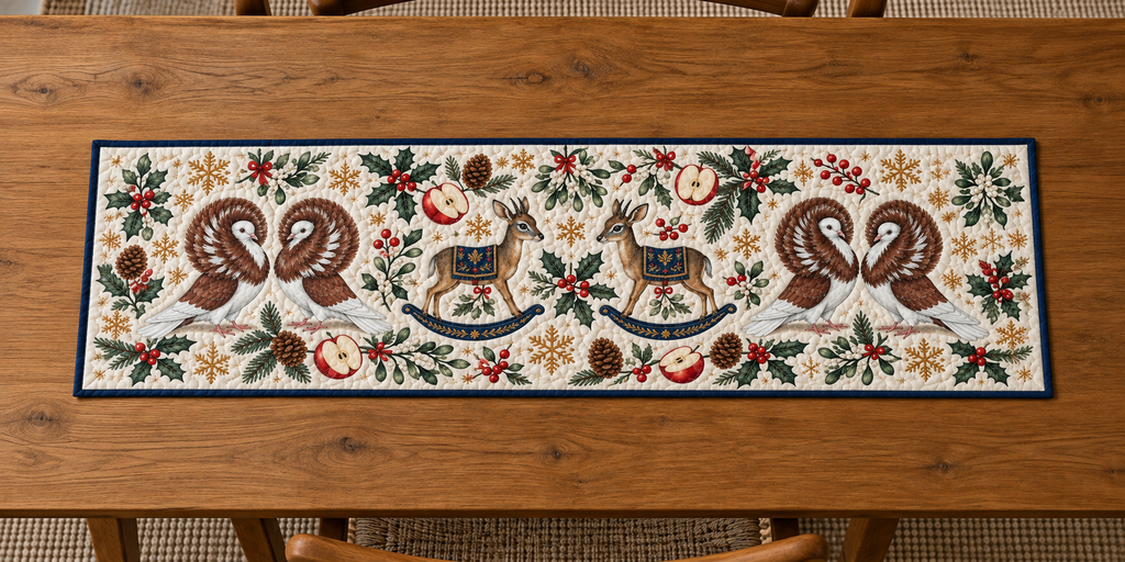 Four illustrated chestnut-and-white Jacobin pigeons with circular feather hoods, pale faces and pink feet frame two brown toy rocking dik-diks with tiny horns, large ears, gray-brown faces, navy saddles with ochre botanical detail and navy rockers, apple halves, cedar, holly, mistletoe and ochre snowflakes on ivory with navy binding. Flat printed Christmas artwork. Includes one rectangular table runner. Dense sewn quilting, shallow fill and flat lay on an oak table.