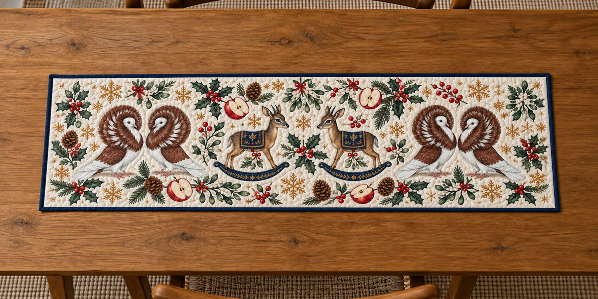 Four illustrated chestnut-and-white Jacobin pigeons with circular feather hoods, pale faces and pink feet frame two brown toy rocking dik-diks with tiny horns, large ears, gray-brown faces, navy saddles with ochre botanical detail and navy rockers, apple halves, cedar, holly, mistletoe and ochre snowflakes on ivory with navy binding. Flat printed Christmas artwork. Includes one rectangular table runner. Dense sewn quilting, shallow fill and flat lay on an oak table.