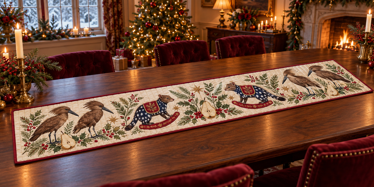 Hamerkop Pear Rocking Quoll quilted cotton table runner with flat printed birds, spotted quolls, pears and botanical stars; cranberry binding and sewn channels, shown flat on a walnut table in a warm Christmas dining room.