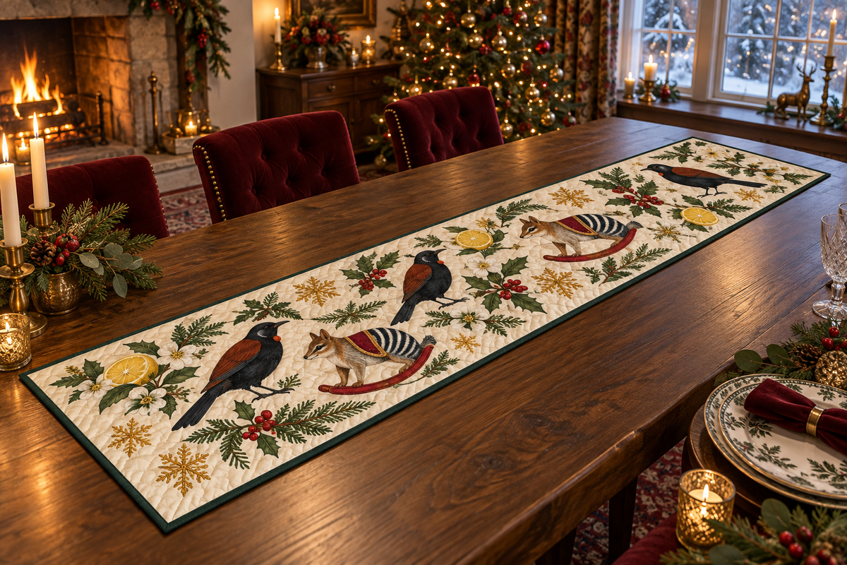 Saddleback Lemon Rocking Numbat quilted cotton table runner with three flat printed birds, two striped rocking numbats and lemons, green binding and sewn quilting, flat on walnut table in a warm Christmas dining room.
