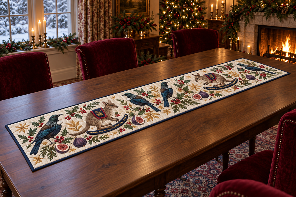 Tui Fig Rocking Potoroo quilted cotton table runner with four flat printed birds two brown rocking potoroos figs navy binding and sewn channels flat on a walnut table in a warm Christmas dining room.